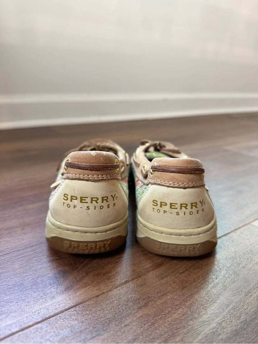 Sperry Tan Leather Boat Shoes with Floral Side Panel